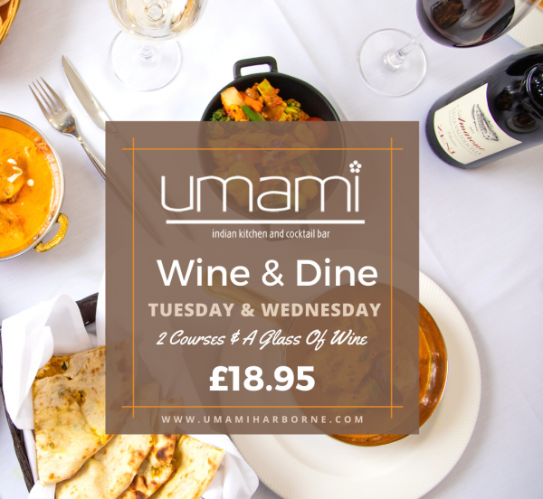 Wine & Dine £18.95 Tuesday & Wednesday  2 Courses & A Glass of wine for £18.95